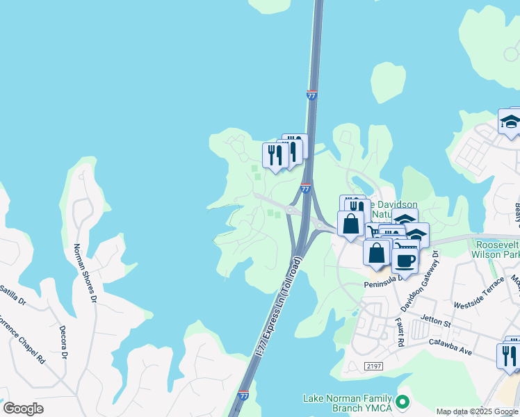 map of restaurants, bars, coffee shops, grocery stores, and more near 625 Portside Drive in Davidson