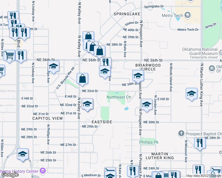 map of restaurants, bars, coffee shops, grocery stores, and more near 1305 Northeast 34th Street in Oklahoma City