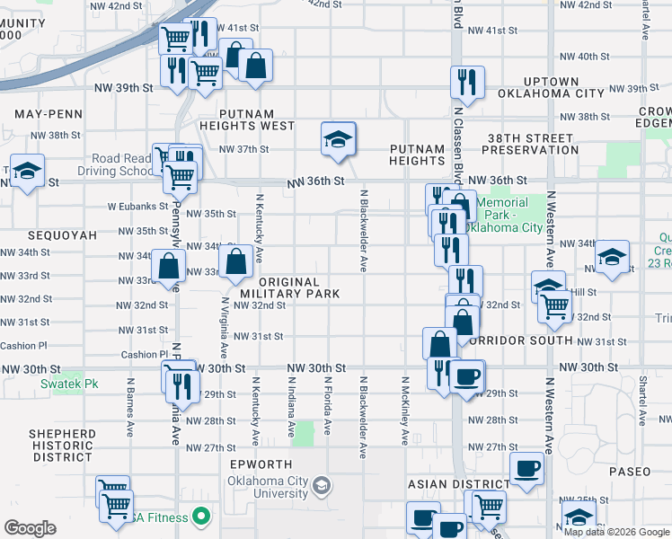 map of restaurants, bars, coffee shops, grocery stores, and more near 1700 Northwest 34th Street in Oklahoma City