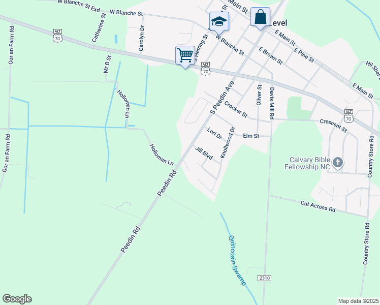 map of restaurants, bars, coffee shops, grocery stores, and more near 522 South Peedin Avenue in Selma