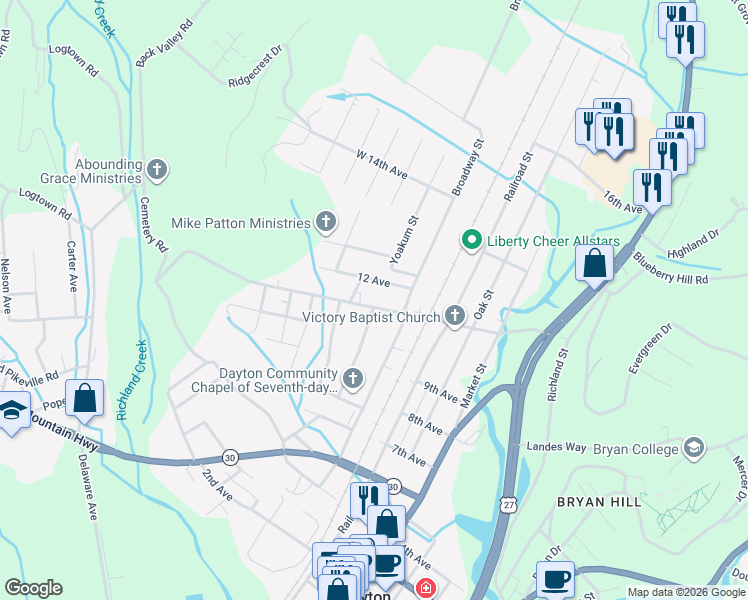 map of restaurants, bars, coffee shops, grocery stores, and more near 201 12 Avenue in Dayton