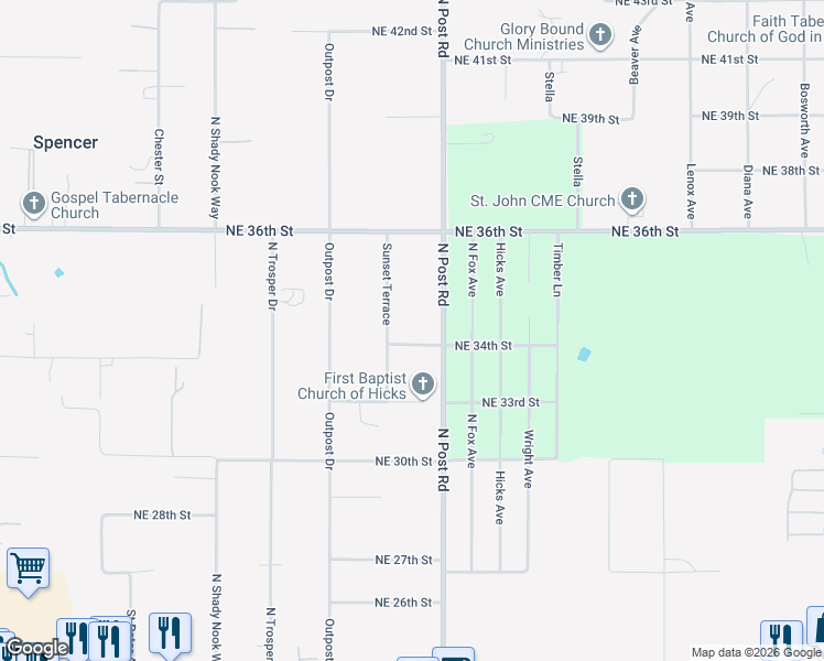 map of restaurants, bars, coffee shops, grocery stores, and more near 3510 Sunset Terrace in Spencer