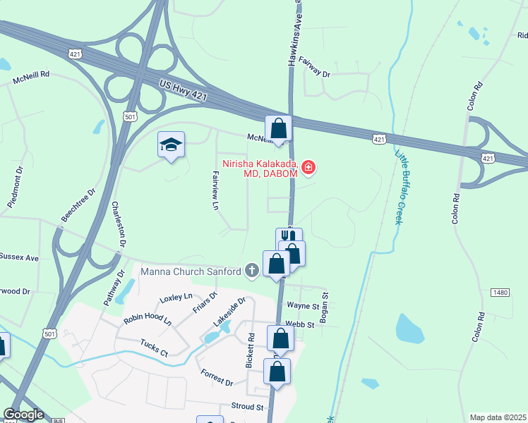 map of restaurants, bars, coffee shops, grocery stores, and more near 217 Meridian Crossing in Sanford