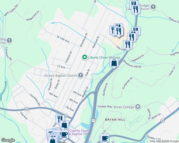 map of restaurants, bars, coffee shops, grocery stores, and more near 578 Oak Street in Dayton