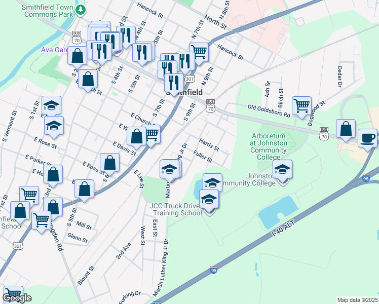 map of restaurants, bars, coffee shops, grocery stores, and more near 1008 Fuller Street in Smithfield