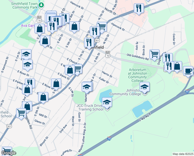 map of restaurants, bars, coffee shops, grocery stores, and more near 1008 Fuller Street in Smithfield