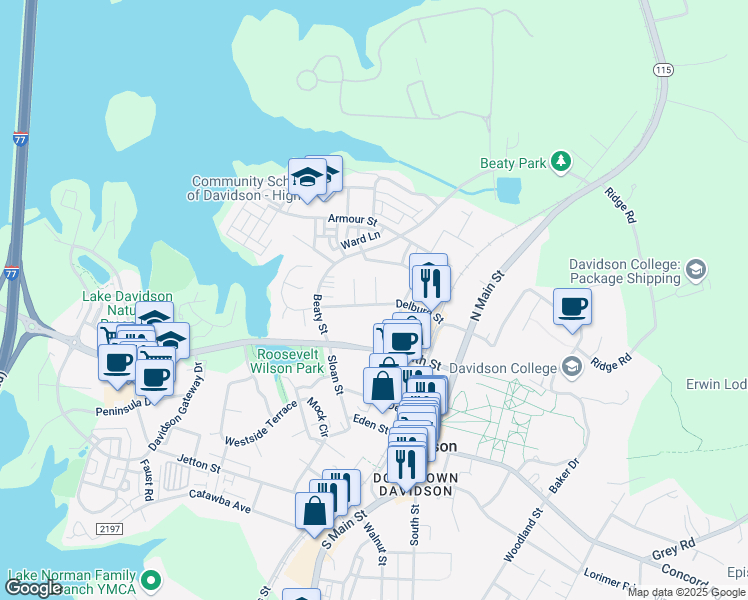 map of restaurants, bars, coffee shops, grocery stores, and more near 328 Delburg Street in Davidson