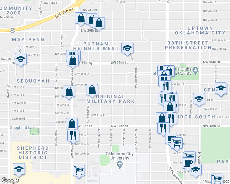 map of restaurants, bars, coffee shops, grocery stores, and more near 1732 Northwest 34th Street in Oklahoma City