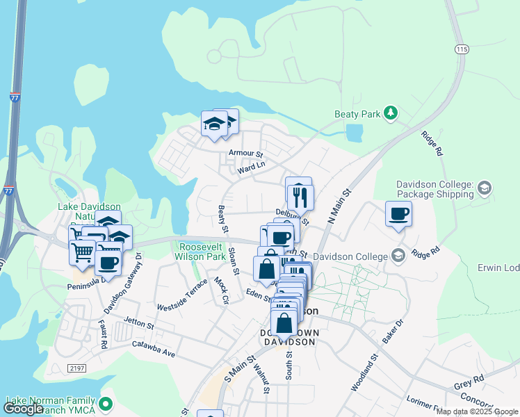 map of restaurants, bars, coffee shops, grocery stores, and more near 328 Delburg Street in Davidson