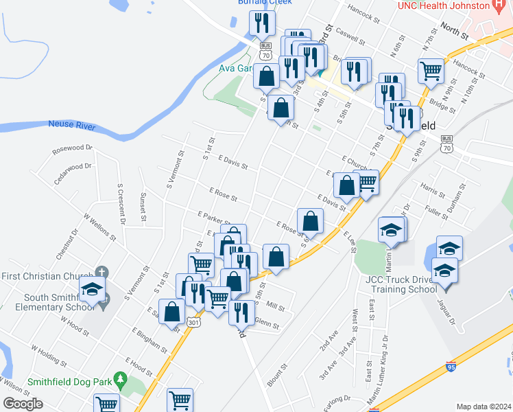 map of restaurants, bars, coffee shops, grocery stores, and more near 527 South 3rd Street in Smithfield