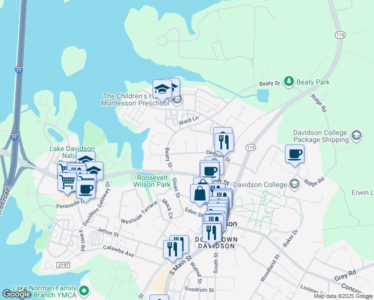map of restaurants, bars, coffee shops, grocery stores, and more near 346 Delburg Street in Davidson