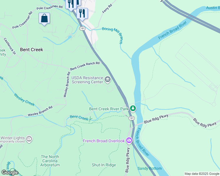 map of restaurants, bars, coffee shops, grocery stores, and more near 1577 Brevard Road in Asheville