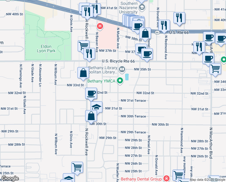 map of restaurants, bars, coffee shops, grocery stores, and more near 6805 Northwest 32nd Street in Bethany