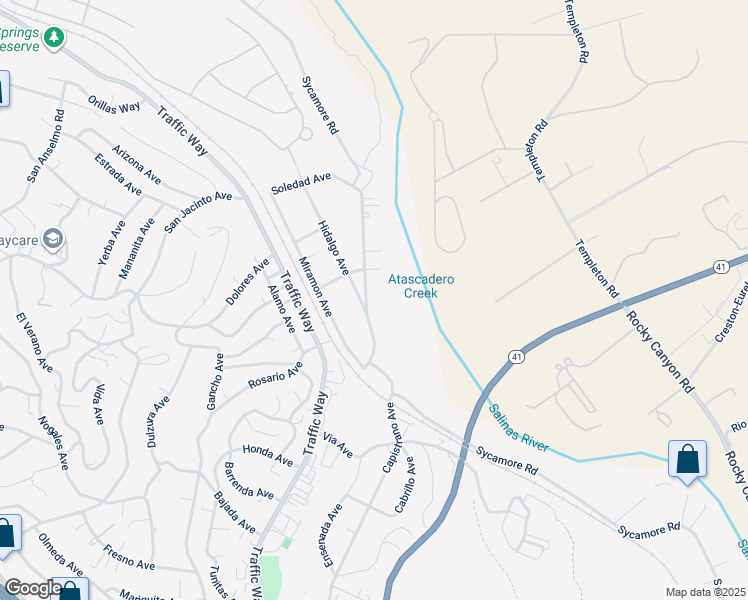 map of restaurants, bars, coffee shops, grocery stores, and more near 4855 Sycamore Road in Atascadero
