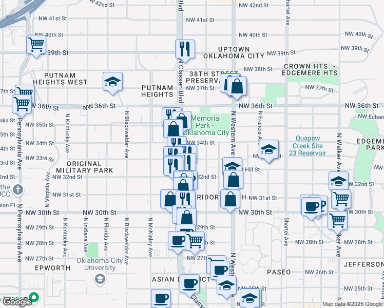 map of restaurants, bars, coffee shops, grocery stores, and more near 1216 Northwest 34th Street in Oklahoma City
