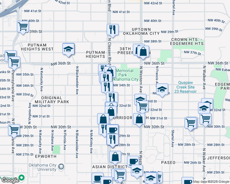 map of restaurants, bars, coffee shops, grocery stores, and more near 1216 Northwest 34th Street in Oklahoma City