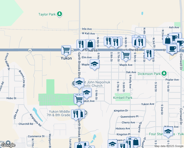 map of restaurants, bars, coffee shops, grocery stores, and more near 300 South 9th Street in Yukon