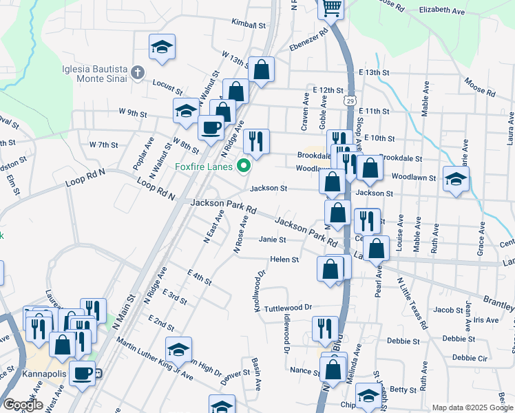 map of restaurants, bars, coffee shops, grocery stores, and more near 405 Jackson Park Road in Kannapolis