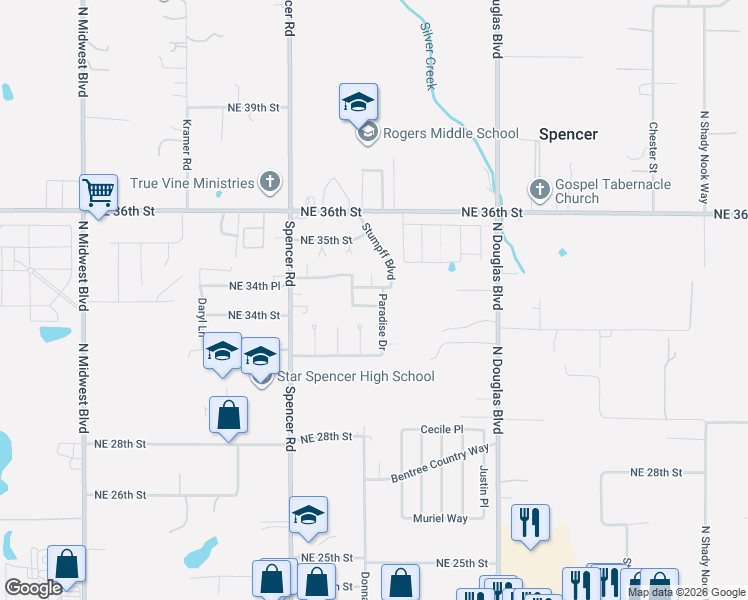 map of restaurants, bars, coffee shops, grocery stores, and more near 3436 Paradise Drive in Spencer