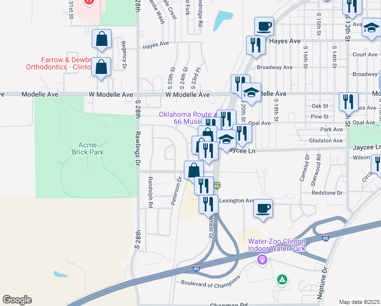 map of restaurants, bars, coffee shops, grocery stores, and more near 123 Rawlings Road in Clinton