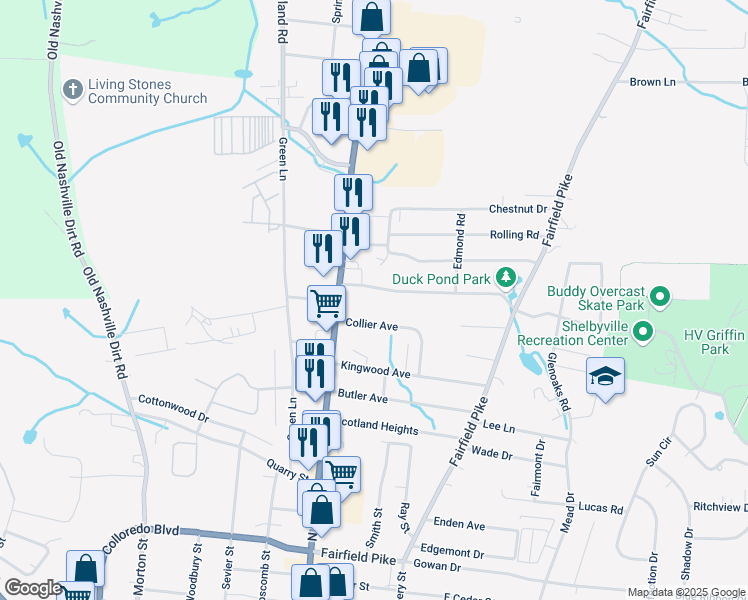 map of restaurants, bars, coffee shops, grocery stores, and more near 118 Hickory Drive in Shelbyville