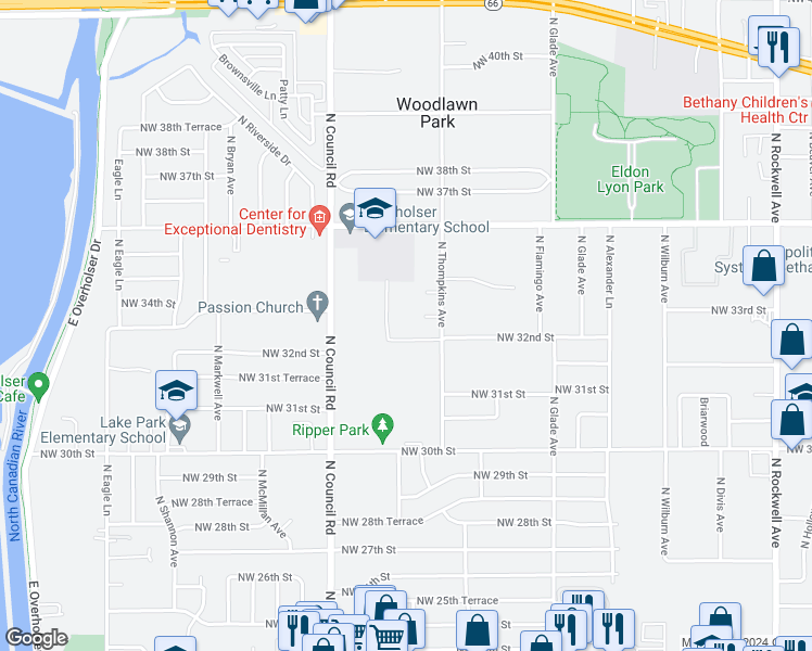 map of restaurants, bars, coffee shops, grocery stores, and more near 7800 Northwest 32nd Street in Bethany
