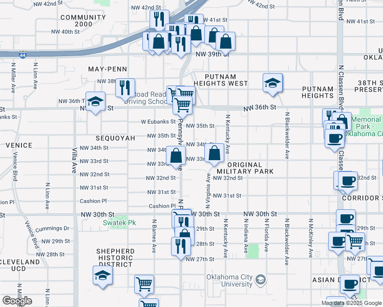 map of restaurants, bars, coffee shops, grocery stores, and more near 2018 Northwest 34th Street in Oklahoma City