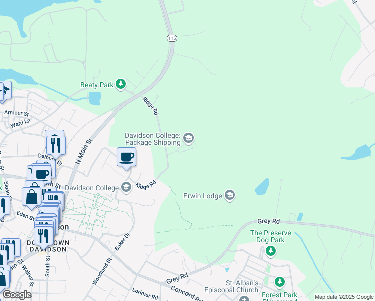 map of restaurants, bars, coffee shops, grocery stores, and more near 209 Ridge Road in Davidson