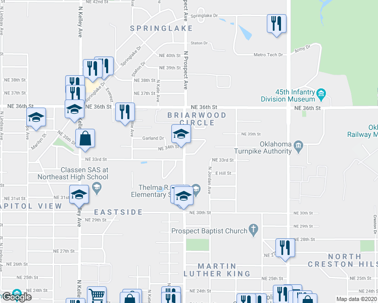 map of restaurants, bars, coffee shops, grocery stores, and more near 1509 Northeast 33rd Street in Oklahoma City