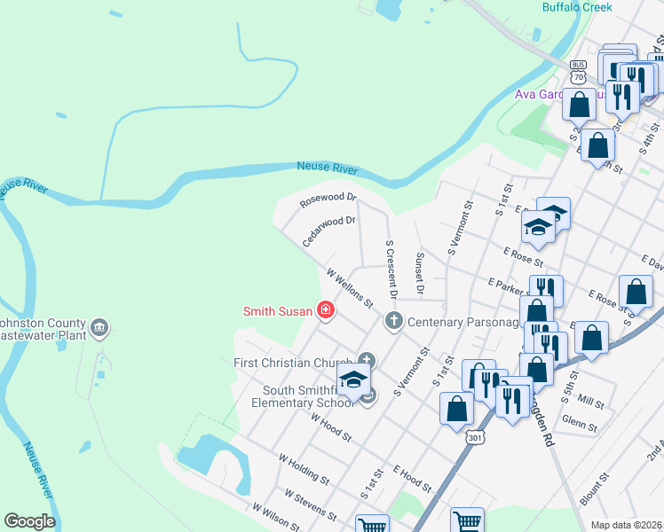 map of restaurants, bars, coffee shops, grocery stores, and more near 807 Baker Street in Smithfield