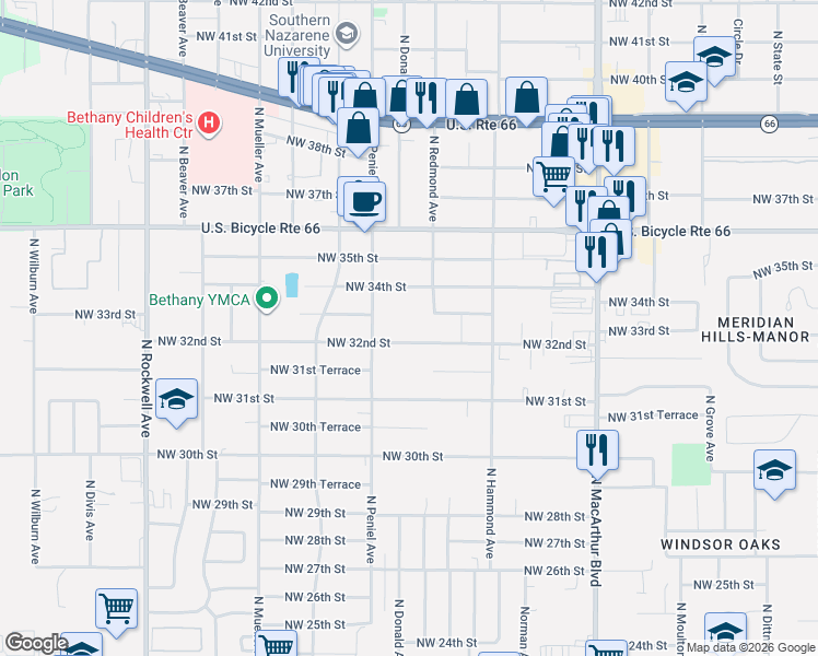 map of restaurants, bars, coffee shops, grocery stores, and more near 6403 Northwest 32nd Street in Bethany