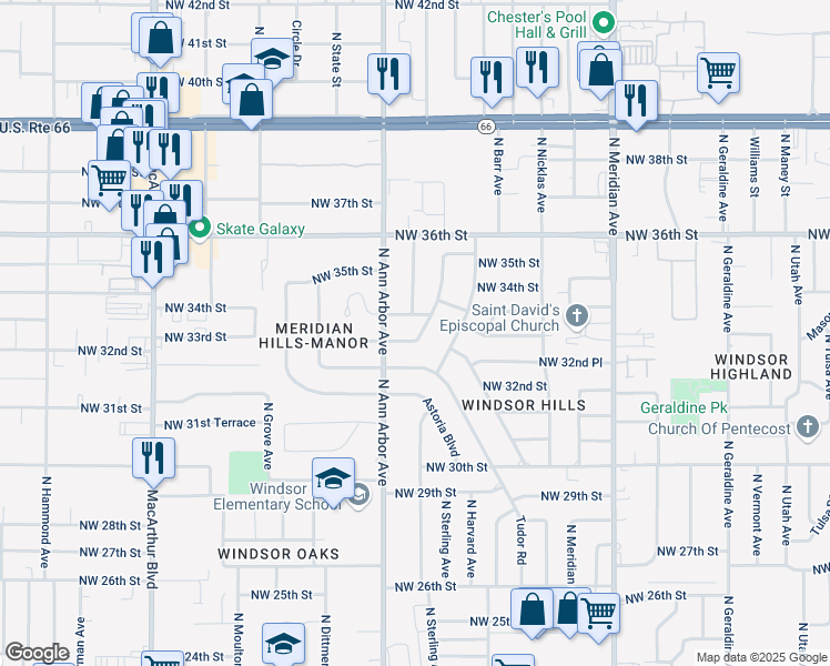 map of restaurants, bars, coffee shops, grocery stores, and more near 4816 Northwest 34th Street in Oklahoma City