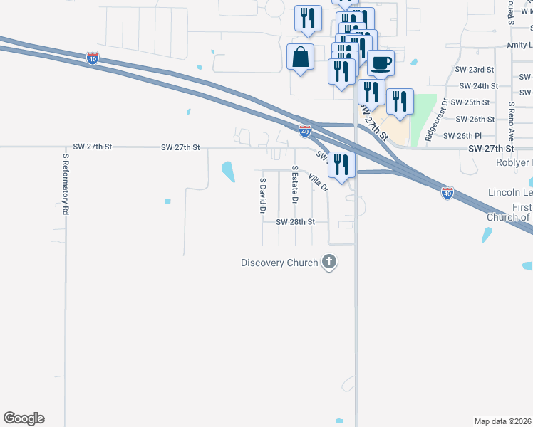 map of restaurants, bars, coffee shops, grocery stores, and more near 2722 South David Drive in El Reno