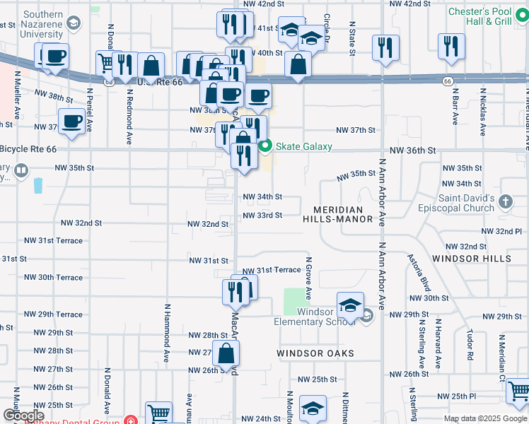 map of restaurants, bars, coffee shops, grocery stores, and more near 5801 Northwest 33rd Street in Oklahoma City