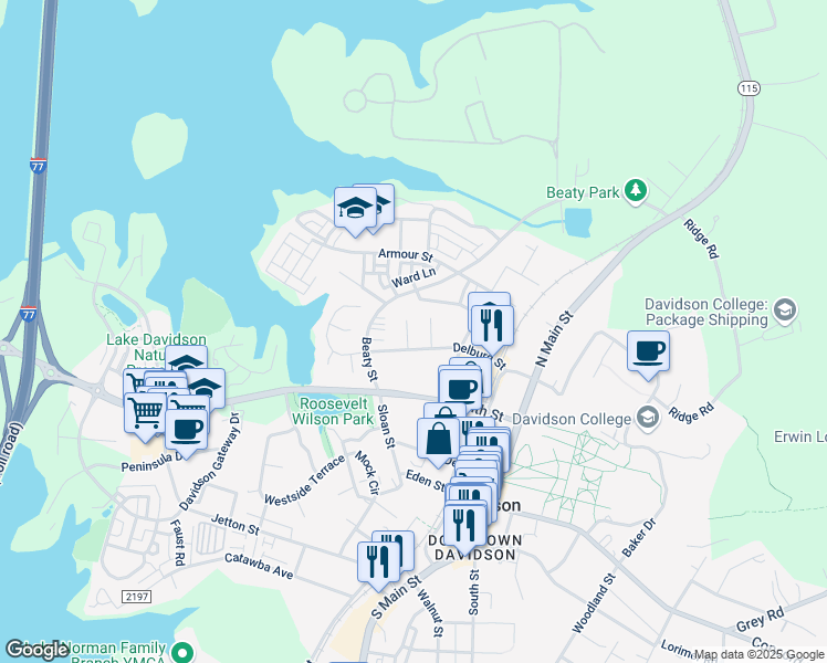 map of restaurants, bars, coffee shops, grocery stores, and more near 614 Melissa Ann Way in Davidson
