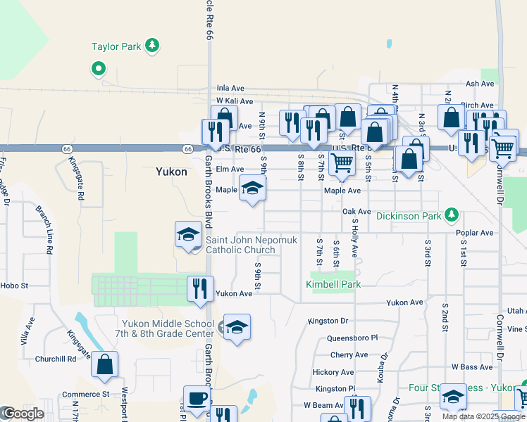 map of restaurants, bars, coffee shops, grocery stores, and more near 300 South 9th Street in Yukon