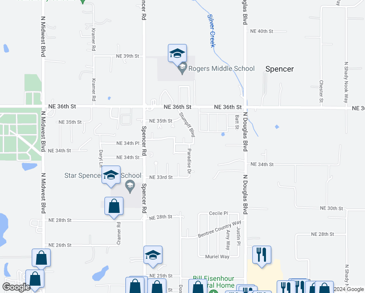 map of restaurants, bars, coffee shops, grocery stores, and more near 8618 Northeast 34th Place in Spencer