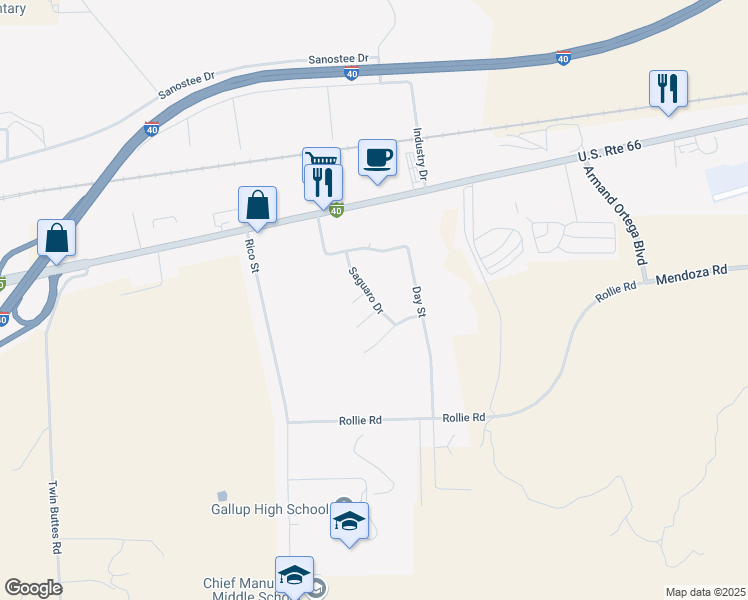 map of restaurants, bars, coffee shops, grocery stores, and more near 409 Saguaro Drive in Gallup