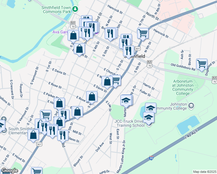 map of restaurants, bars, coffee shops, grocery stores, and more near 408 South 7th Street in Smithfield