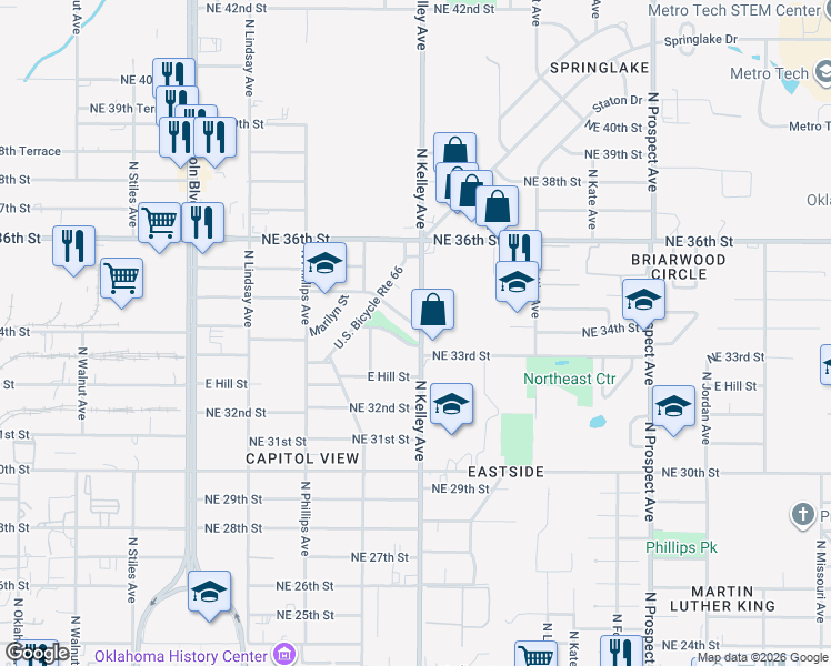 map of restaurants, bars, coffee shops, grocery stores, and more near 929 Northeast 35th Street in Oklahoma City