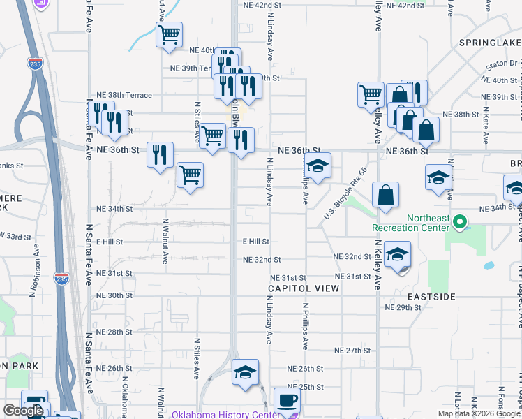 map of restaurants, bars, coffee shops, grocery stores, and more near 636 Northeast 34th Street in Oklahoma City