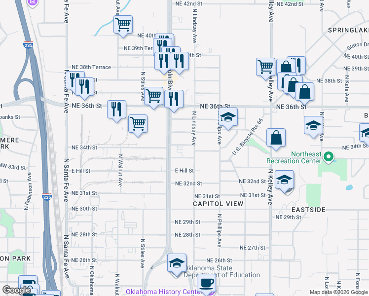 map of restaurants, bars, coffee shops, grocery stores, and more near 636 Northeast 34th Street in Oklahoma City