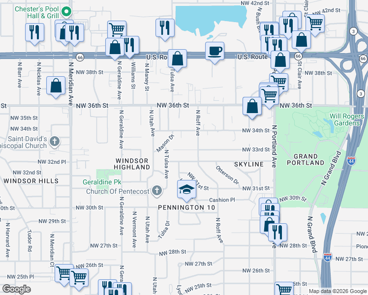 map of restaurants, bars, coffee shops, grocery stores, and more near 4029 Northwest 33rd Street in Oklahoma City