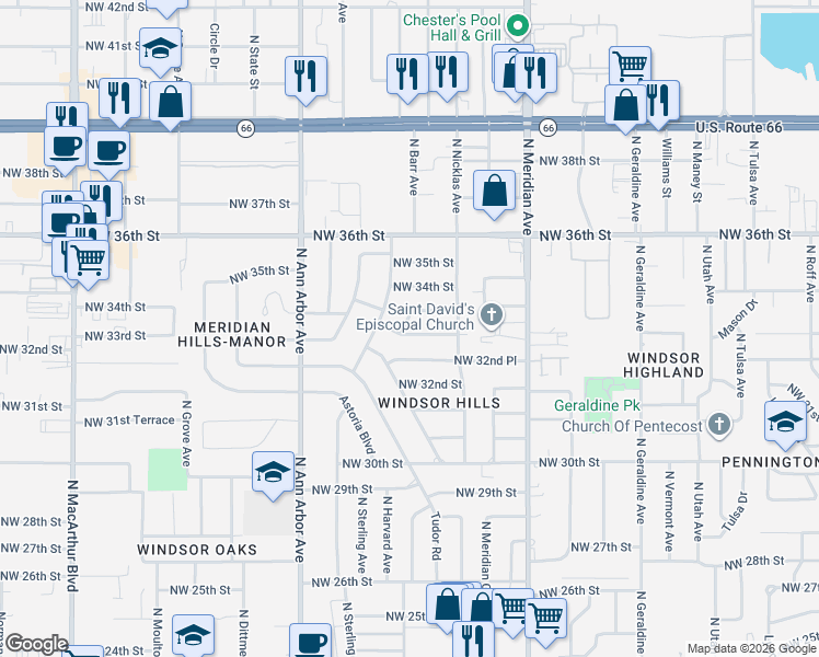 map of restaurants, bars, coffee shops, grocery stores, and more near 4641 Northwest 33rd Terrace in Oklahoma City
