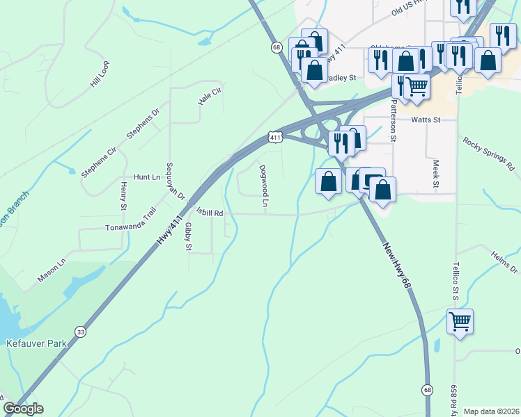 map of restaurants, bars, coffee shops, grocery stores, and more near 158 Dogwood Lane in Madisonville