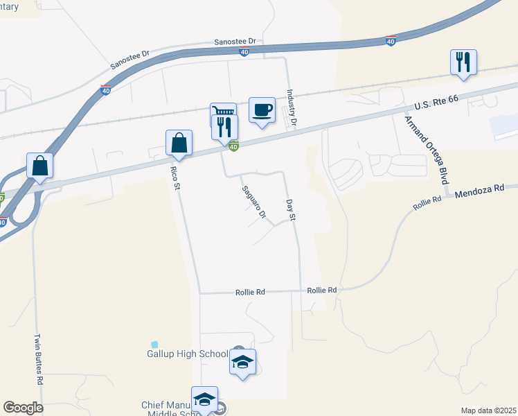 map of restaurants, bars, coffee shops, grocery stores, and more near 500 Saguaro Drive in Gallup