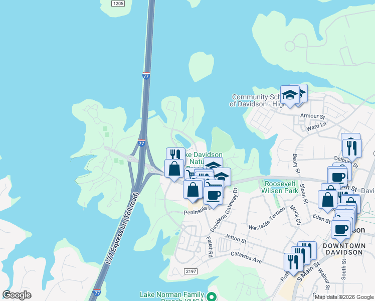 map of restaurants, bars, coffee shops, grocery stores, and more near 622 Harbour Park Drive in Davidson