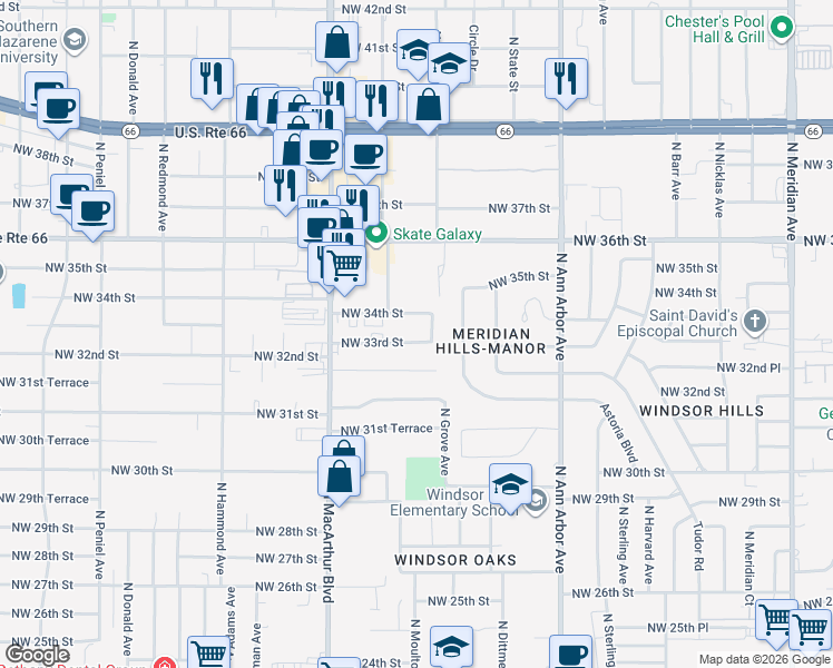 map of restaurants, bars, coffee shops, grocery stores, and more near 5707 Northwest 33rd Street in Oklahoma City