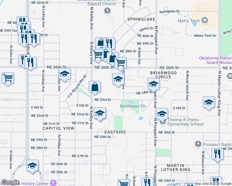 map of restaurants, bars, coffee shops, grocery stores, and more near 1224 Northeast 34th Street in Oklahoma City