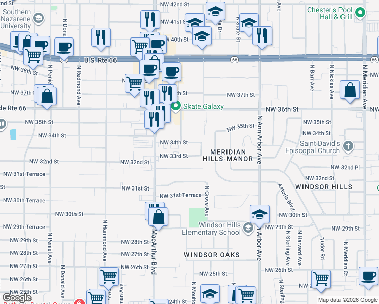 map of restaurants, bars, coffee shops, grocery stores, and more near 5707 Northwest 33rd Street in Oklahoma City